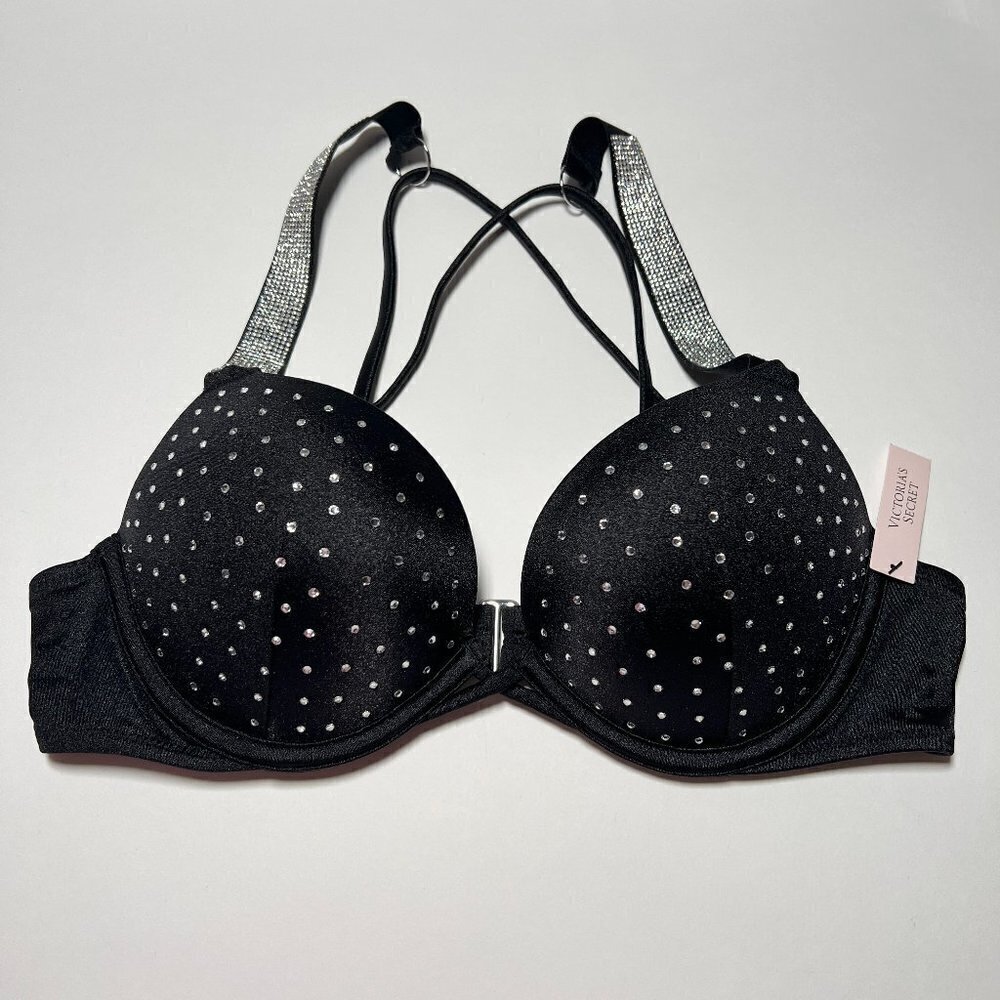 Victoria Secret 34C Bombshell Push Up Bikini Top Glam Cups Shine Strap Black